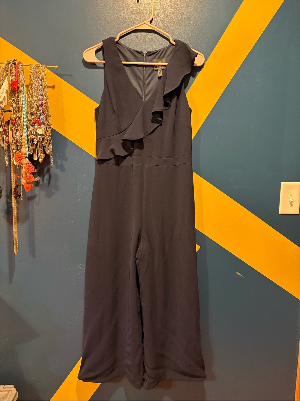 Adrianna Papell Navy Ruffled V-Neck Sleeveless Cropped Wide Leg Jumpsuit NWOT